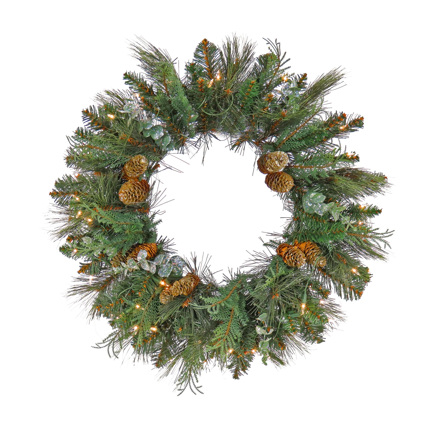 National Tree Company First Traditions™ Collection, 24" Pre-Lit Artificial North Conway Wreath With Glittery Cones And Eucalyptus, 50 Clear Lights- UL