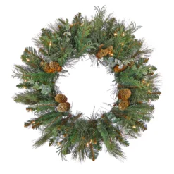 National Tree Company First Traditions™ Collection, 30" Pre-Lit Artificial North Conway Wreath With Glittery Cones And Eucalyptus, 100 Clear Lights- UL