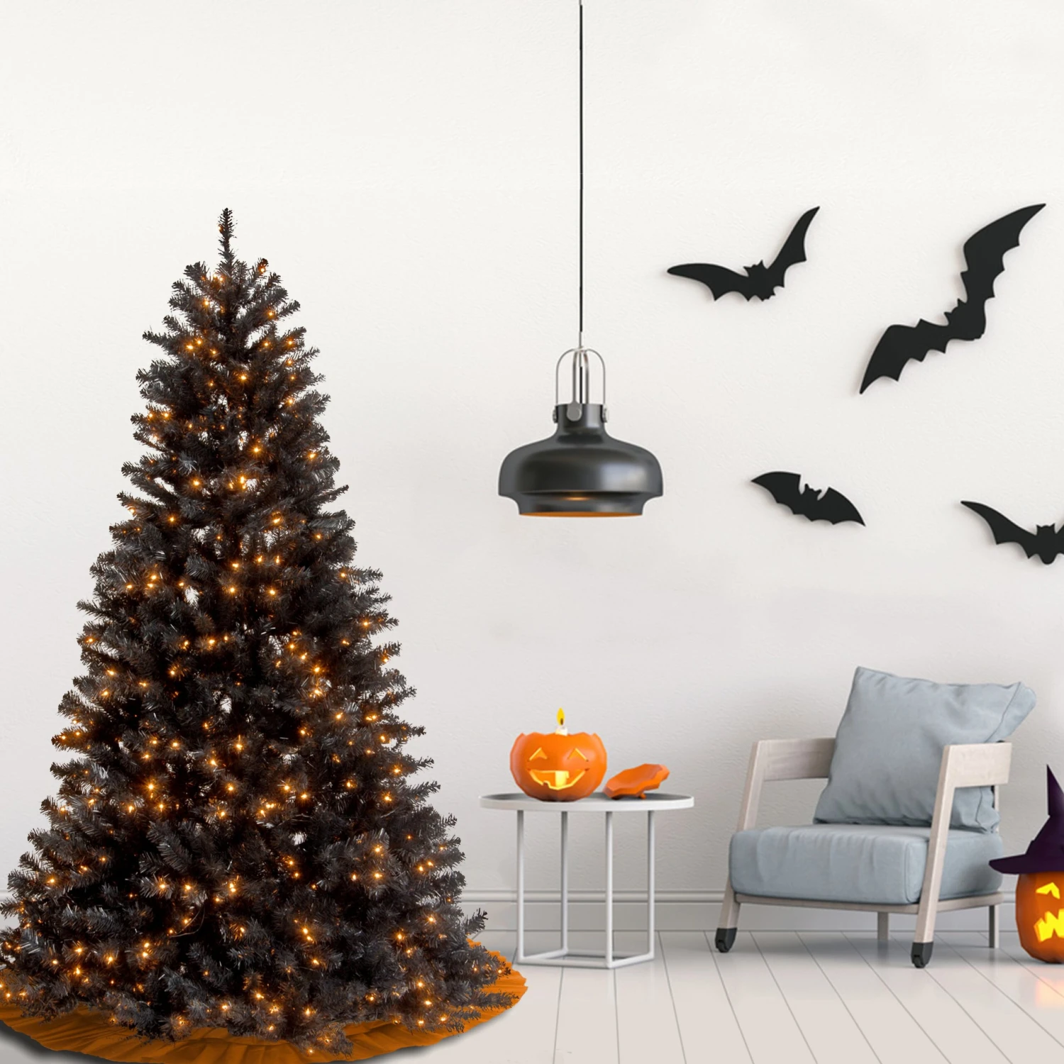 National Tree Company Halloween Pre-Lit Artificial Full Christmas Tree, Black, North Valley Spruce, White Lights, Includes Stand, 6.5 Feet - Image 2