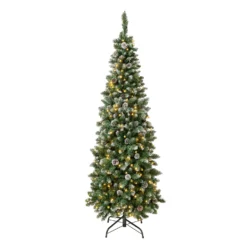 National Tree Company First Traditions Pre-Lit Oakley Hills Snowy Slim Christmas Tree With Hinged Branches, Warm White LED Lights, Plug In, 6 Ft