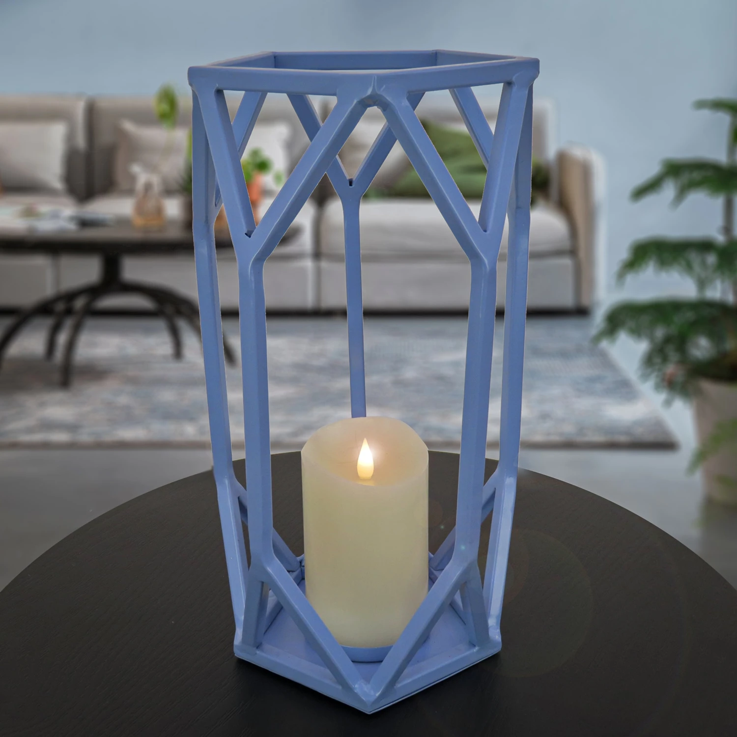 National Tree Company National Outdoor Living Lantern Candleholder, Ice Melt Blue, Modern Design And Finish, Includes Glass Chimney, 14 Inches - Image 2