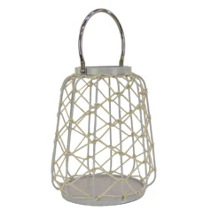 National Tree Company National Outdoor Living Lantern Candleholder, Woven Rope Construction, Glacier Gray, Modern Design And Finish, Includes Metal Handle, 12 Inches