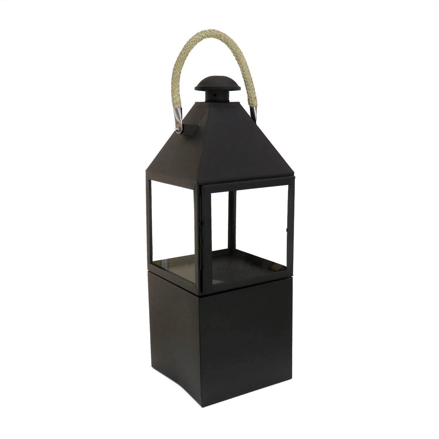 National Tree Company National Outdoor Living Lantern Candleholder, Enclosed Glass, Matte Black Finish, Metal, Rope Handle, 29 Inches