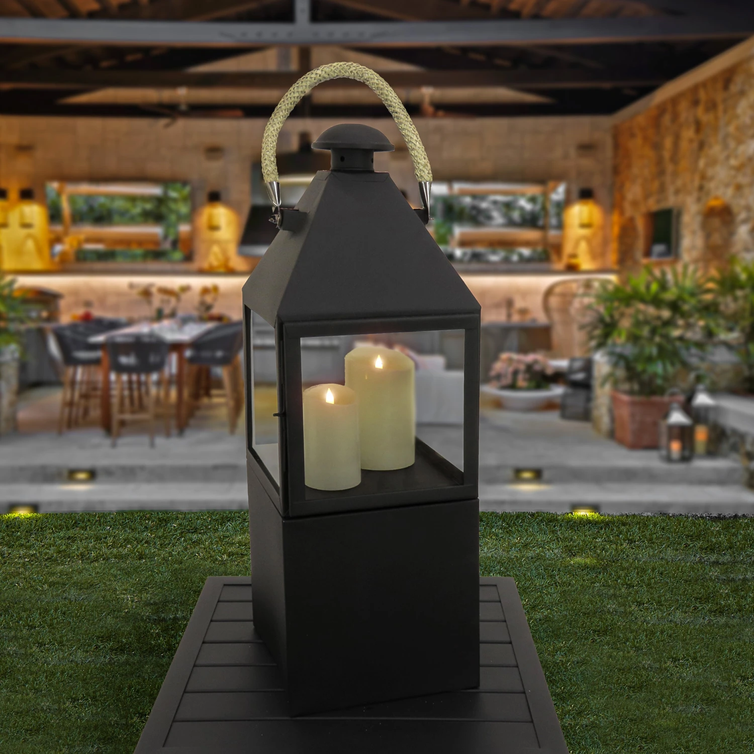 National Tree Company National Outdoor Living Lantern Candleholder, Enclosed Glass, Matte Black Finish, Metal, Rope Handle, 29 Inches - Image 2