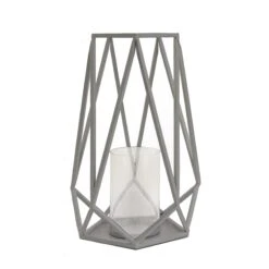 National Tree Company National Outdoor Living Lantern Candleholder, Glacier Gray, Modern Design And Finish, Includes Glass Chimney, 12 Inches