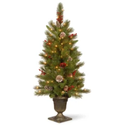 National Tree Company Pre-Lit Artificial Entrance Christmas Tree, Bristle Berry Pine, Green, White Lights, Decorated With Berry Clusters, Pine Cones, Includes Metal Base, 4 Feet