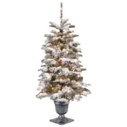 National Tree Company Pre-Lit Artificial Entrance Christmas Tree, Snowy Camden, Green, White Lights, Includes Metal Base, 4 Feet