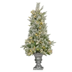 National Tree Company Artificial Frosted Colonial Fir Entrance Christmas Tree With Berries And Poinsettia Flowers, Pre-Lit With Warm White LED Lights, Plug In, 4 Ft