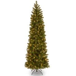 National Tree Company Pre-Lit 'Feel Real' Artificial Slim Downswept Christmas Tree, Green, Douglas Fir, White Lights, Includes Stand, 7.5 Feet