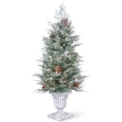 National Tree Company Pre-Lit Artificial Entrance Christmas Tree, Frosted Mountain Spruce, Green, White Lights, Decorated With Berry Clusters, Pine Cones, Includes Metal Base, 4 Feet