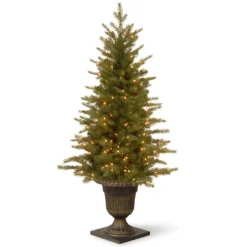 National Tree Company Pre-Lit 'Feel Real' Artificial Mini Entrance Christmas Tree, Green, Nordic Spruce, White Lights, Includes Decorative Urn Base, 4 Feet