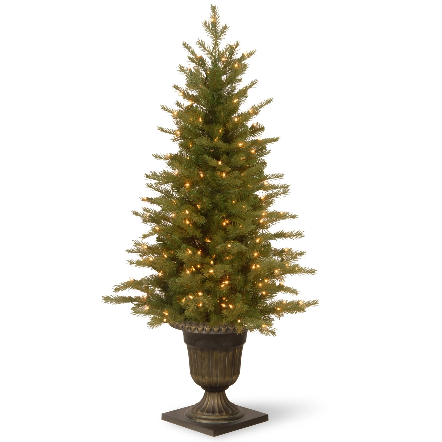 National Tree Company Pre-Lit 'Feel Real' Artificial Mini Entrance Christmas Tree, Green, Nordic Spruce, White Lights, Includes Decorative Urn Base, 4 Feet