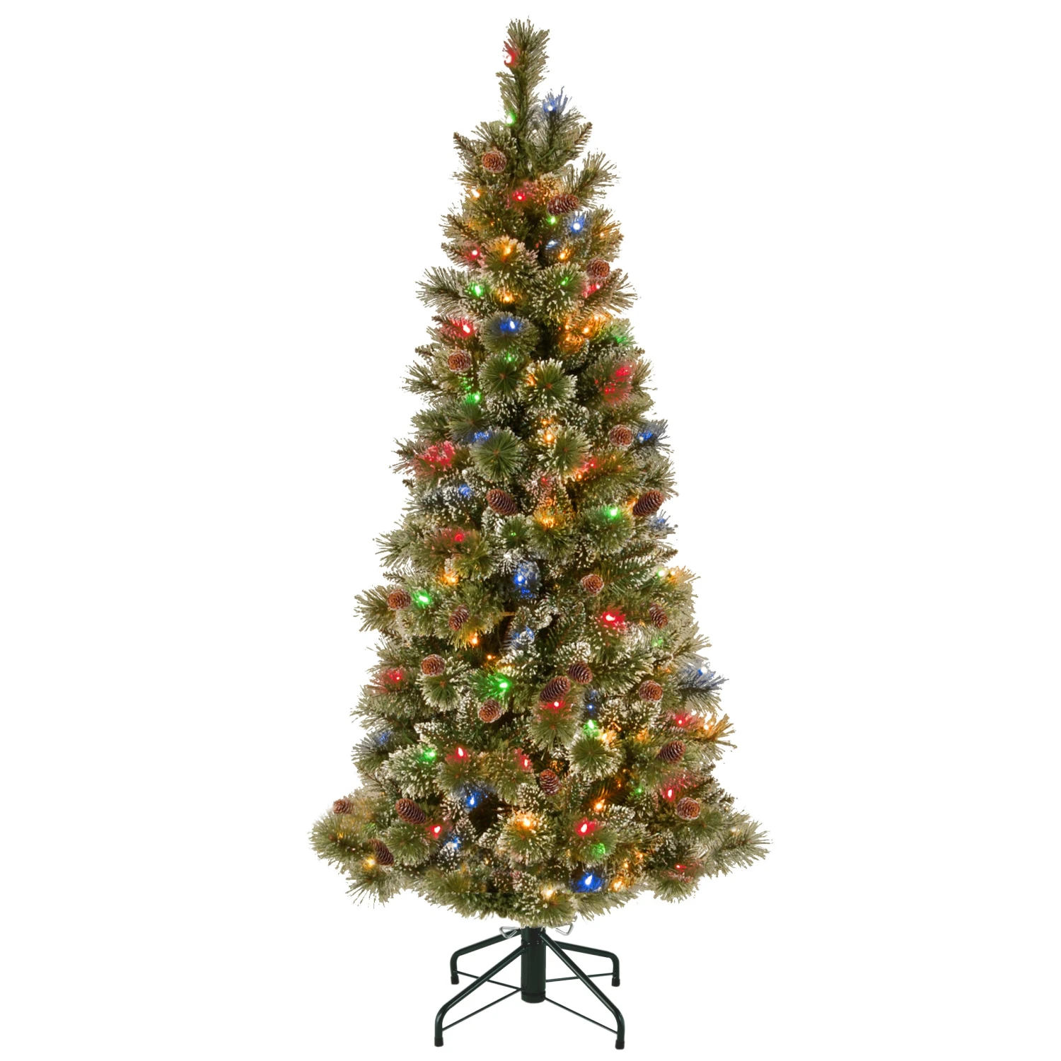 National Tree Company Pre-Lit Artificial Slim Christmas Tree, Glittering Pine, Green, Multicolor Lights, Decorated With Pine Cones, Ball Ornaments, Includes Stand, 5 Feet