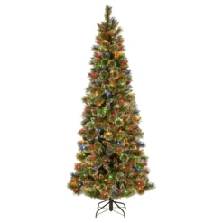National Tree Company Pre-Lit Artificial Slim Christmas Tree, Glittering Pine, Green, Multicolor Lights, Decorated With Pine Cones, Ball Ornaments, Includes Stand, 7 Feet