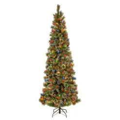 National Tree Company Pre-Lit Artificial Slim Christmas Tree, Glittering Pine, Green, Multicolor Lights, Decorated With Pine Cones, Ball Ornaments, Includes Stand, 9 Feet