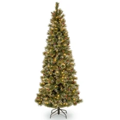 National Tree Company Pre-Lit Artificial Slim Christmas Tree, Glittering Pine, Green, White Lights, Decorated With Pine Cones, Includes Stand, 7 Feet