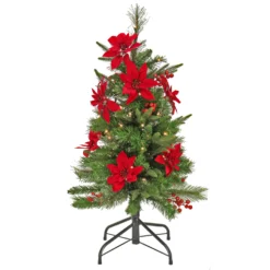National Tree Company Artificial Colonial Pencil Slim Hinged Christmas Tree With Berries And Poinsettia Flowers, Pre-Lit With Clear Incandescent Lights, Plug In, 3 Ft