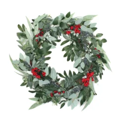 National Tree Company Artificial Christmas Leafy Eucalyptus And Berry Wreath, Decorated With Flower Buds And Berry Clusters, Rustic, 24 In