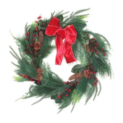 National Tree Company Artificial Christmas Mixed Pine Bristle Branch Wreath, Decorated With Red Bow, Berries, And Pinecones, 26 In