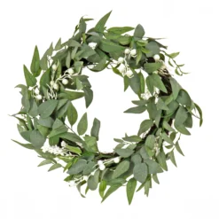 National Tree Company Artificial Mixed Green Leaves Christmas Wreath, Decorated With White Berry Clusters, Woven Branch Base, 24 In