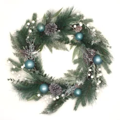National Tree Company Artificial Decorated Evergreen Christmas Wreath, With Berry Clusters, Silver Pinecones, And Leafy Greens, 24 In