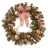 National Tree Company Pre-Lit Artificial Christmas Wreath, Green, Bristle Berry Pine, White Lights, Decorated With Ball Ornaments, Pink Ribbon Bows, Twigs, Christmas Collection, 28 Inches
