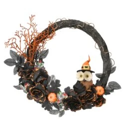 National Tree Company Halloween Artificial Owl Wreath, Decorated With Owl Figurine, Assorted Black Leaves, Orange Branches, 19 Inches