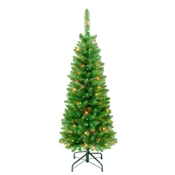 National Tree Company First Traditions Pre-Lit Rowan Pencil Slim Christmas Tree, Multicolor Incandescent Lights, Plug In, 4.5 Ft