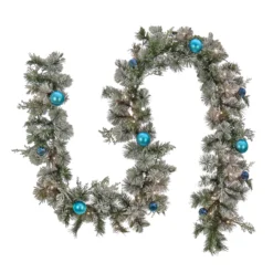 National Tree Company Pre Lit Artificial Garland,Tinkham Pine, Green, Frosted, Decorated With Blue Ball Ornaments, Warm White LED Lights, Battery Powered, Christmas Collection, 9 Feet