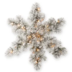 National Tree Company Pre-Lit Artificial Christmas Hanging Snowflake, Green, Snowy Bristle Pine, Decorated With Frosted Branches, Christmas Collection, 32 Inches