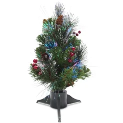 National Tree Company Artificial Mini Christmas Tree, Green, Crestwood Spruce, Fiber Optic, Decorated With Pine Cones, Berry Clusters, Frosted Branches, Includes Stand, 18 Inches