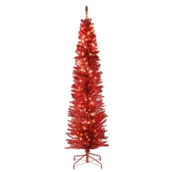 National Tree Company Pre-Lit Artificial Christmas Tree, Red Tinsel, White Lights, Includes Stand, 6 Feet