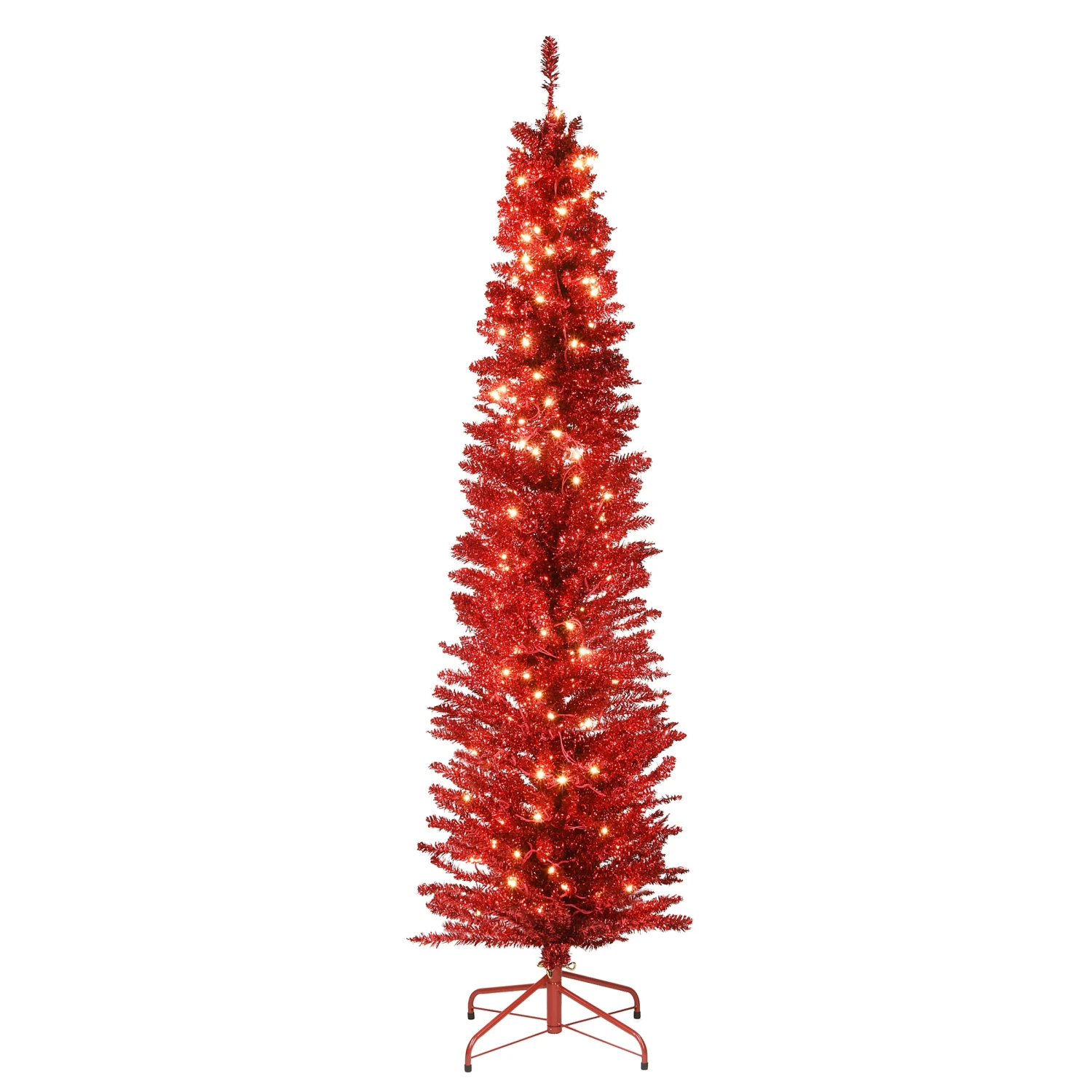 National Tree Company Pre-Lit Artificial Christmas Tree, Red Tinsel, White Lights, Includes Stand, 6 Feet