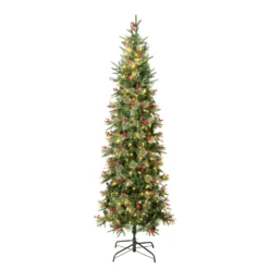 National Tree Company First Traditions Pre-Lit Virginia Blue Pine Slim Christmas Tree With Hinged Branches, Warm White LED Lights, Plug In, 7.5 Ft