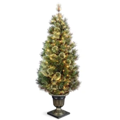 National Tree Company Pre-Lit Artificial Entrance Christmas Tree, Wispy Willow Grande, Green, White Lights, Includes Metal Base, 5 Feet