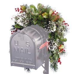 National Tree Company Artificial Mailbox Swag Decoration, Green, Wintry Pine, Decorated With Frosted Branches, Berry Clusters, Pine Cones, Christmas Collection, 3 Feet